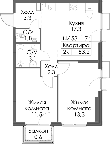 Планировка — Нокса парк, 2-комн., 53 м²