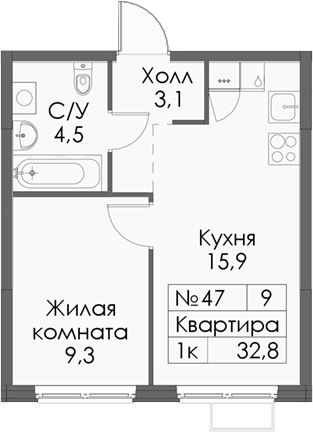 Планировка — Нокса парк, 1-комн., 33 м²