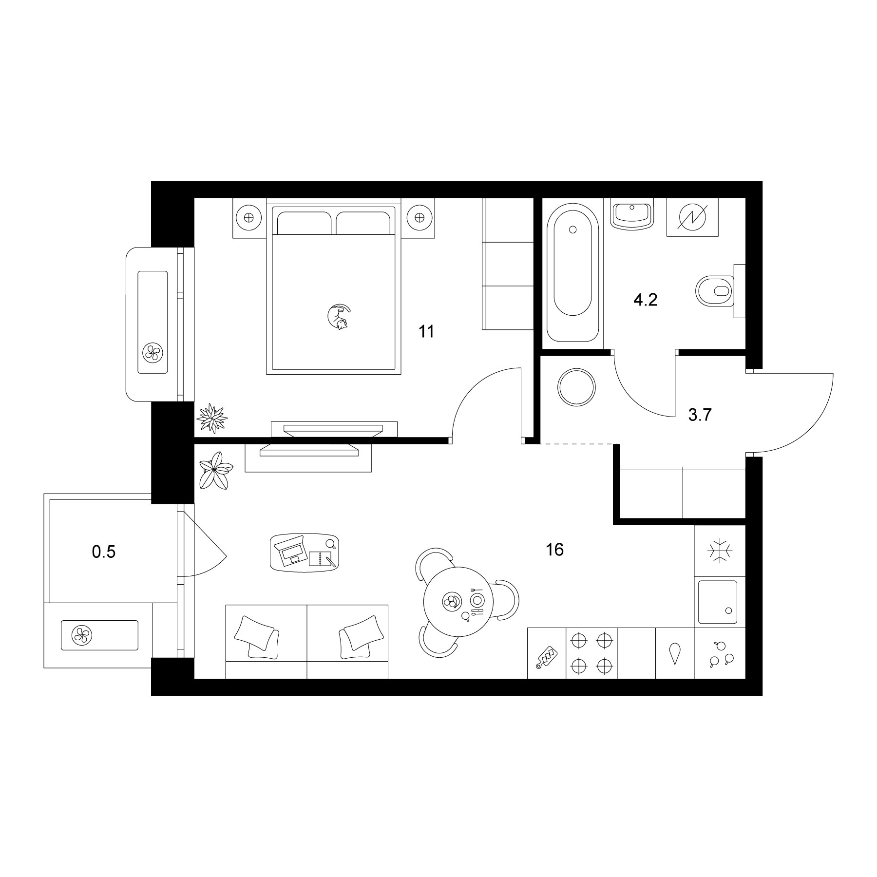 Планировка — Сиберово, 1-комн., 35 м²