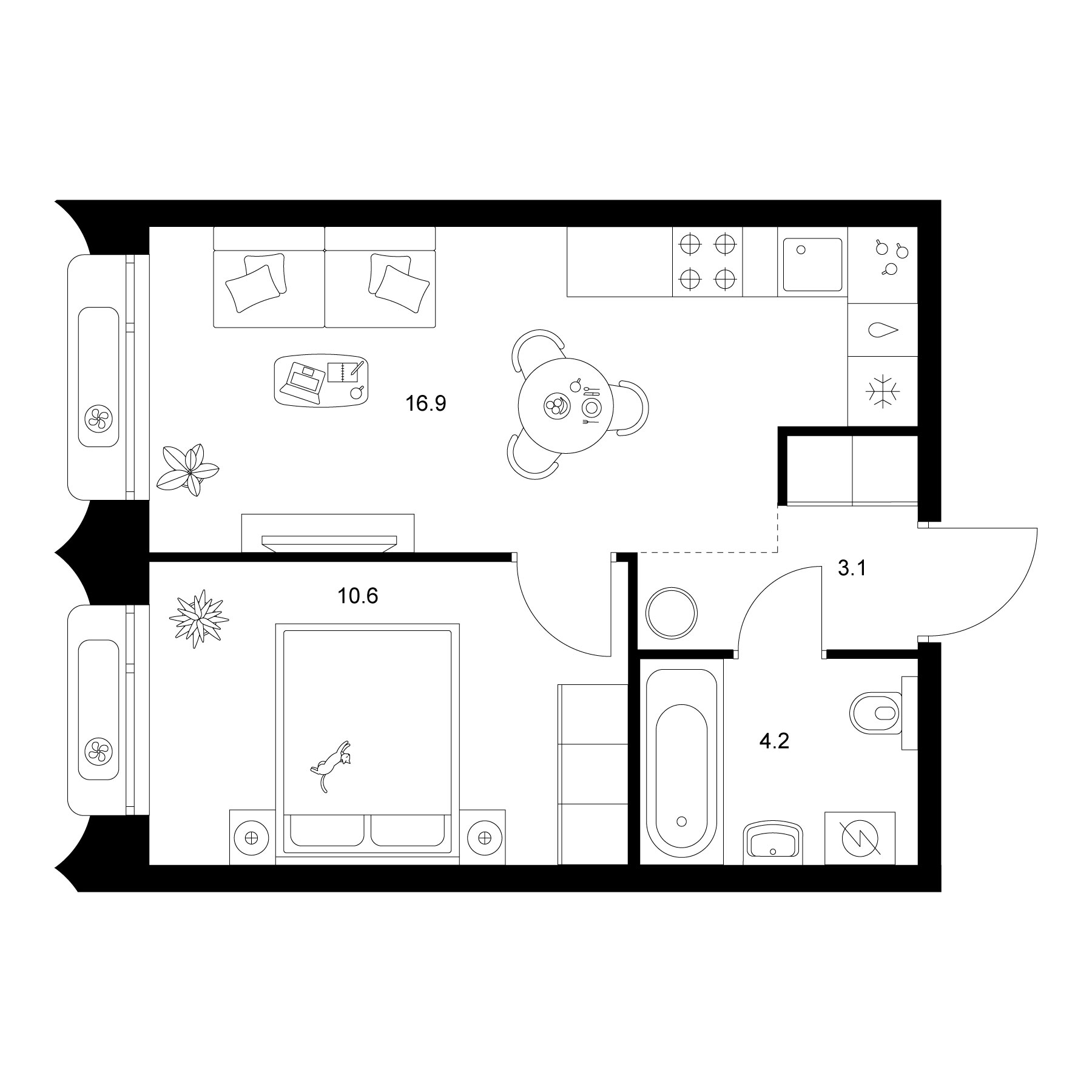 Планировка — Сиберово, 2-комн., 35 м²