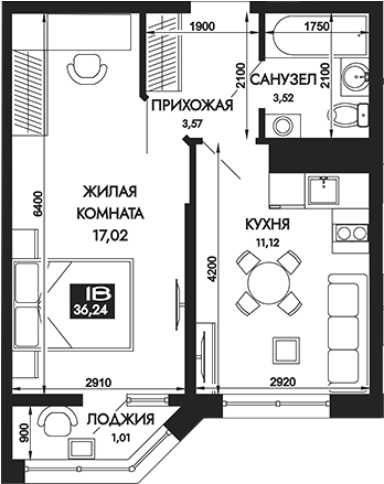 Планировка — Вершины. ГК Смена, 1-комн., 35 м²