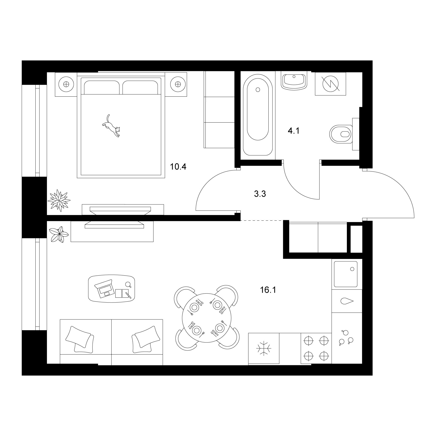 Планировка — Сиберово, 1-комн., 34 м²