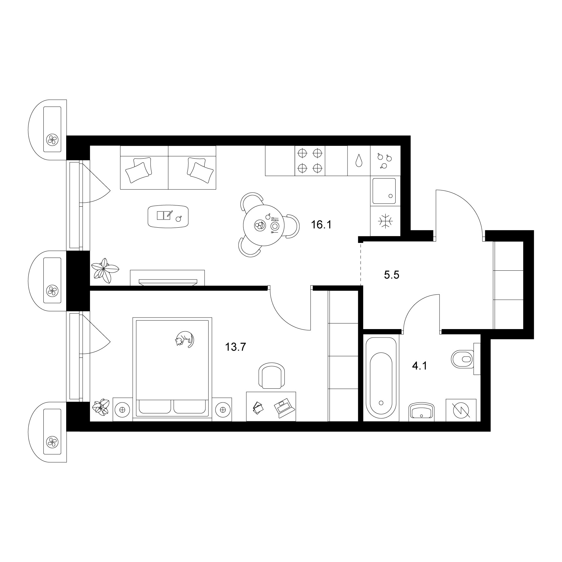 Планировка — Сиберово, 1-комн., 39 м²