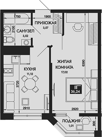 Планировка — Вершины. ГК Смена, 1-комн., 35 м²