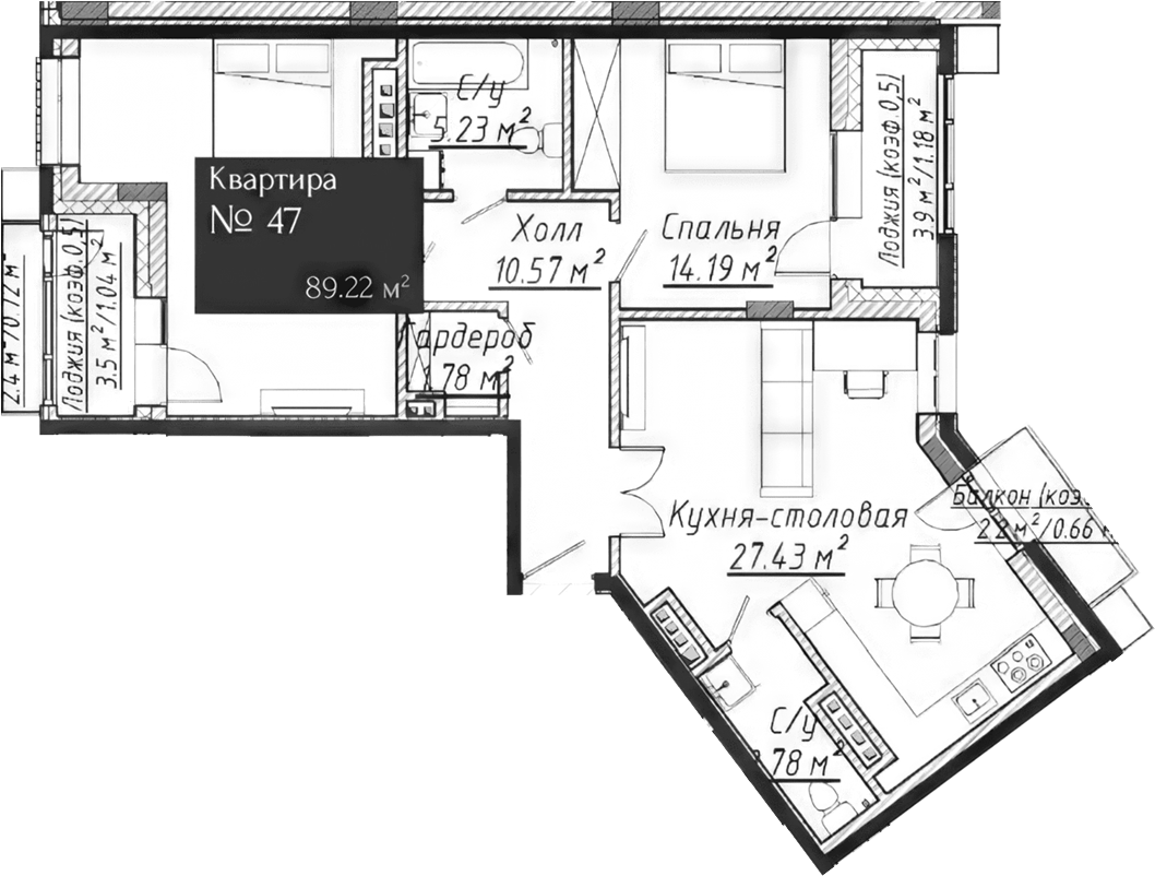 Планировка — Адмирал, 3-комн., 86 м²