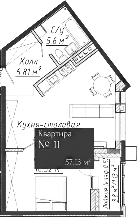 Планировка — Адмирал, 2-комн., 55 м²