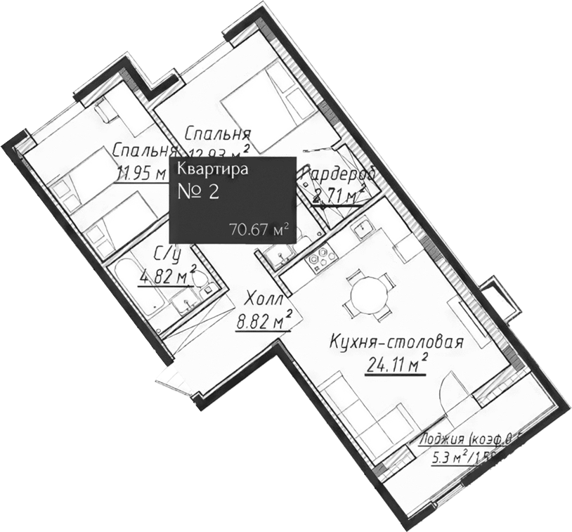 Планировка — Адмирал, 3-комн., 68 м²