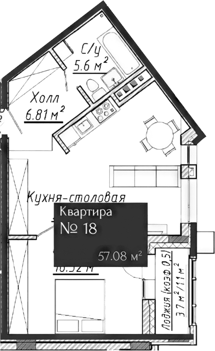 Планировка — Адмирал, 2-комн., 55 м²