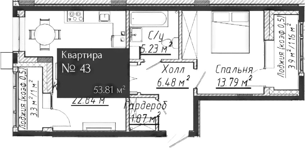 Планировка — Адмирал, 2-комн., 52 м²