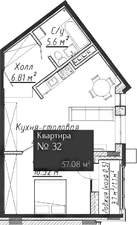 Планировка — Адмирал, 2-комн., 55 м²