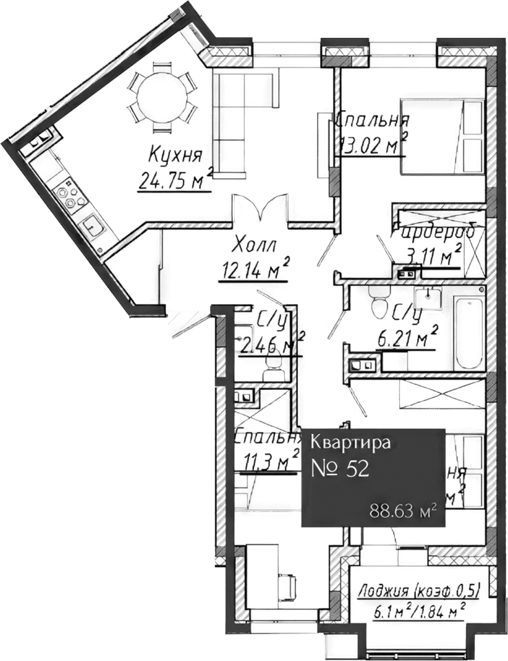 Планировка — Адмирал, 4-комн., 87 м²