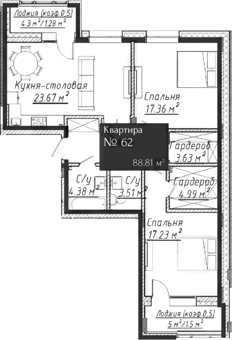 Планировка — Адмирал, 3-комн., 84 м²
