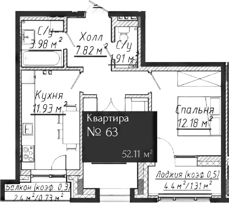 Планировка — Адмирал, 2-комн., 49 м²
