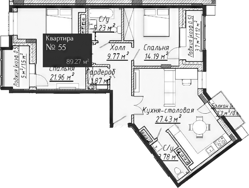 Планировка — Адмирал, 3-комн., 86 м²