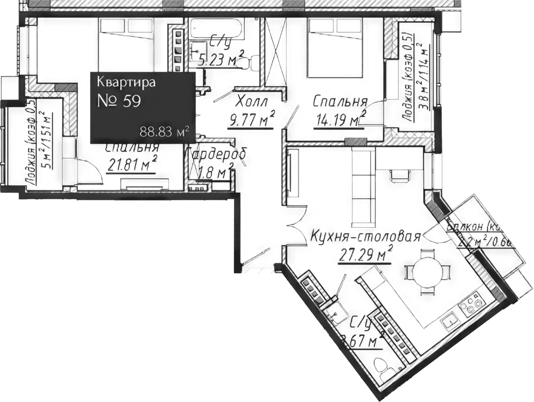 Планировка — Адмирал, 3-комн., 86 м²