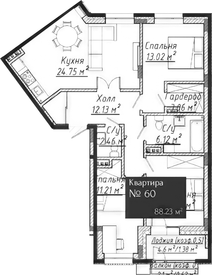 Планировка — Адмирал, 4-комн., 86 м²