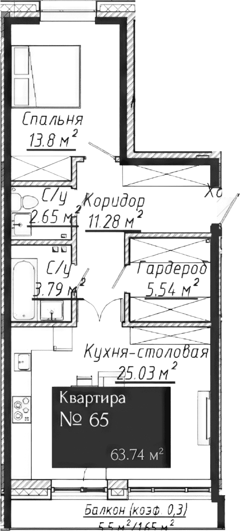 Планировка — Адмирал, 2-комн., 62 м²