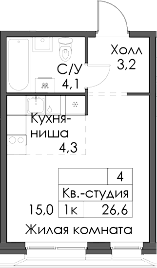 Планировка — Ботаническая 3, Студия, 27 м²