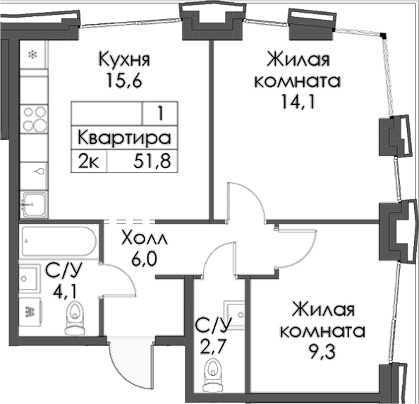 Планировка — Ботаническая 3, 2-комн., 52 м²