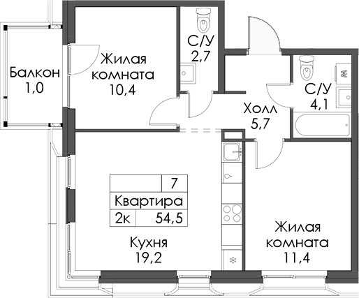Планировка — Ботаническая 3, 2-комн., 54 м²