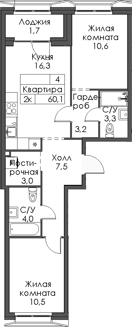 Планировка — Ботаническая 3, 2-комн., 58 м²
