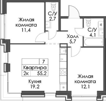 Планировка — Ботаническая 3, 2-комн., 55 м²