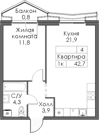 Планировка — Ботаническая 3, 1-комн., 38 м²