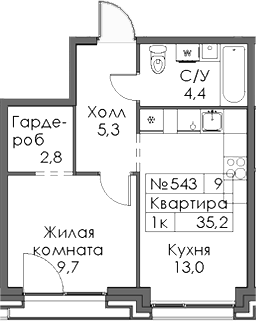 Планировка — Ботаническая 3, 1-комн., 35 м²