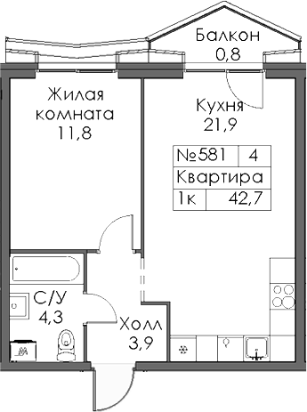 Планировка — Ботаническая 3, 1-комн., 42 м²