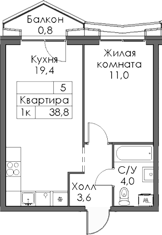 Планировка — Ботаническая 3, 1-комн., 38 м²