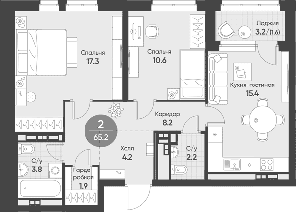 Планировка — Солнечный, 3-комн., 64 м²