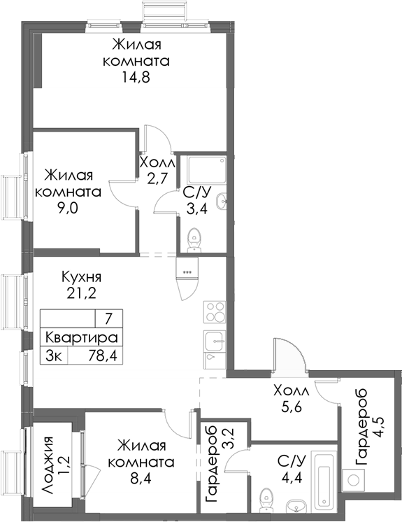 Планировка — Матюшино парк, 3-комн., 77 м²