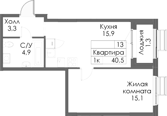Планировка — Матюшино парк, 1-комн., 39 м²