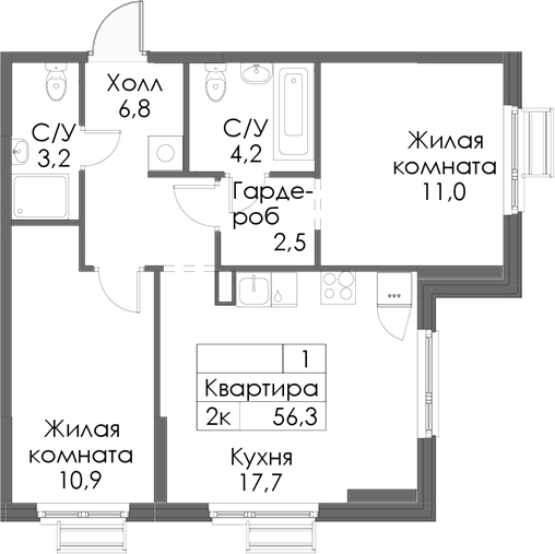 Планировка — Матюшино парк, 2-комн., 56 м²