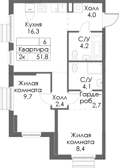 Планировка — Матюшино парк, 2-комн., 52 м²