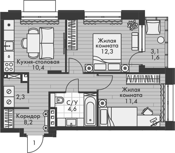 Планировка — Форест, 2-комн., 49 м²