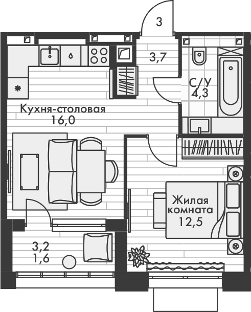 Планировка — Форест, 2-комн., 37 м²