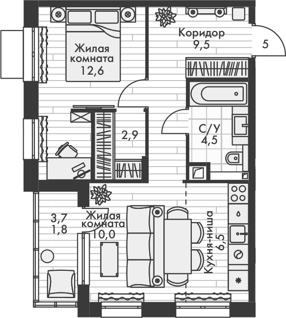 Планировка — Форест, 2-комн., 46 м²
