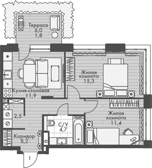 Планировка — Форест, 2-комн., 54 м²