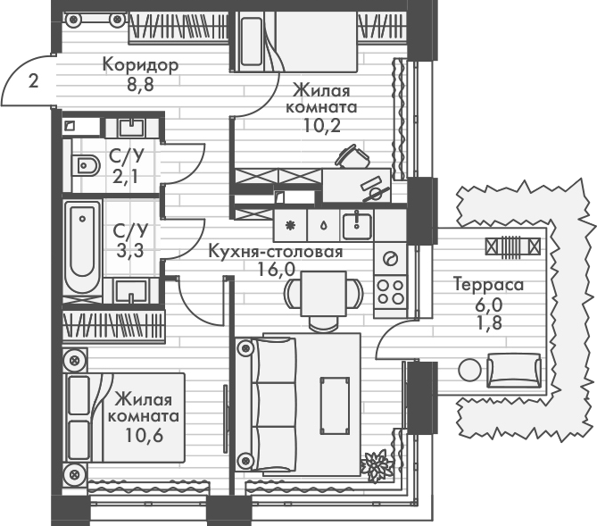Планировка — Форест, 3-комн., 51 м²