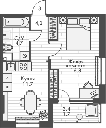 Планировка — Форест, 1-комн., 37 м²