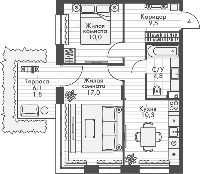 Планировка — Форест, 2-комн., 52 м²