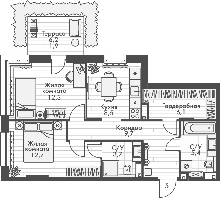 Планировка — Форест, 2-комн., 58 м²