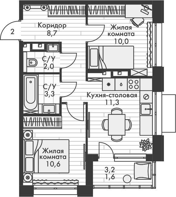 Планировка — Форест, 2-комн., 46 м²