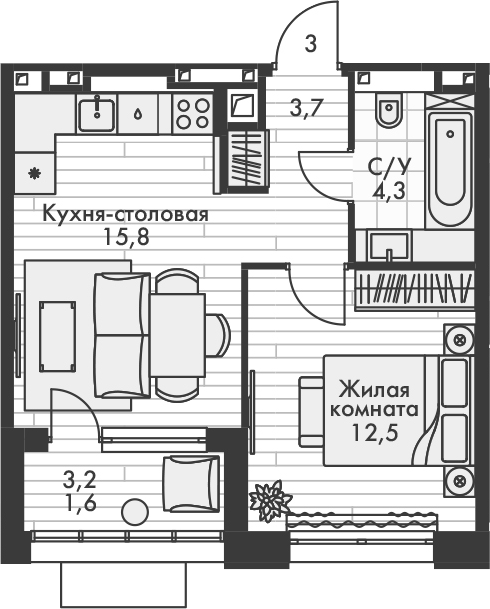 Планировка — Форест, 2-комн., 36 м²