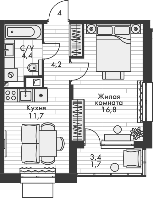 Планировка — Форест, 1-комн., 37 м²