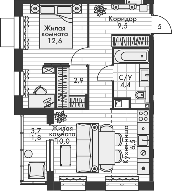 Планировка — Форест, 2-комн., 46 м²
