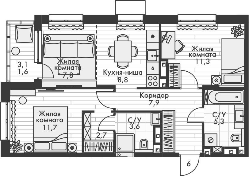 Планировка — Форест, 3-комн., 59 м²