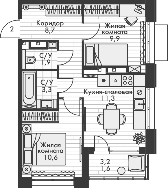 Планировка — Форест, 2-комн., 46 м²