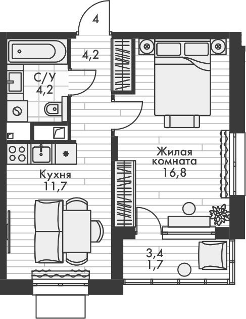 Планировка — Форест, 1-комн., 37 м²